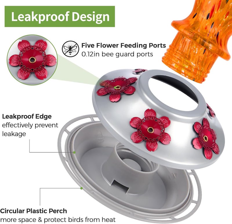 BOLITE Hummingbird Feeders for Outdoors Hanging, Glass Hummingbird Feeder, Hand Blown Twisted with Ant Moat and Five Feeding Ports, 24 Ounces, Leak Proof, Orange, Gifts for Women Men - Image 4